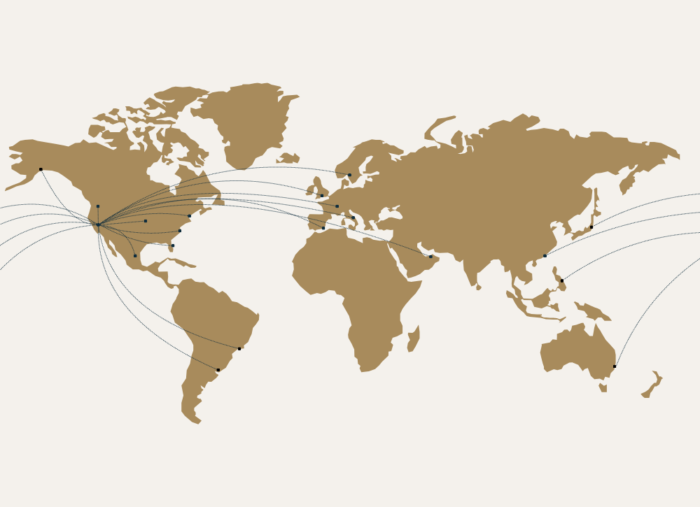 World map showing CSM Aviation routes from a US hub to destinations across the Americas, Europe, Asia, and Australia